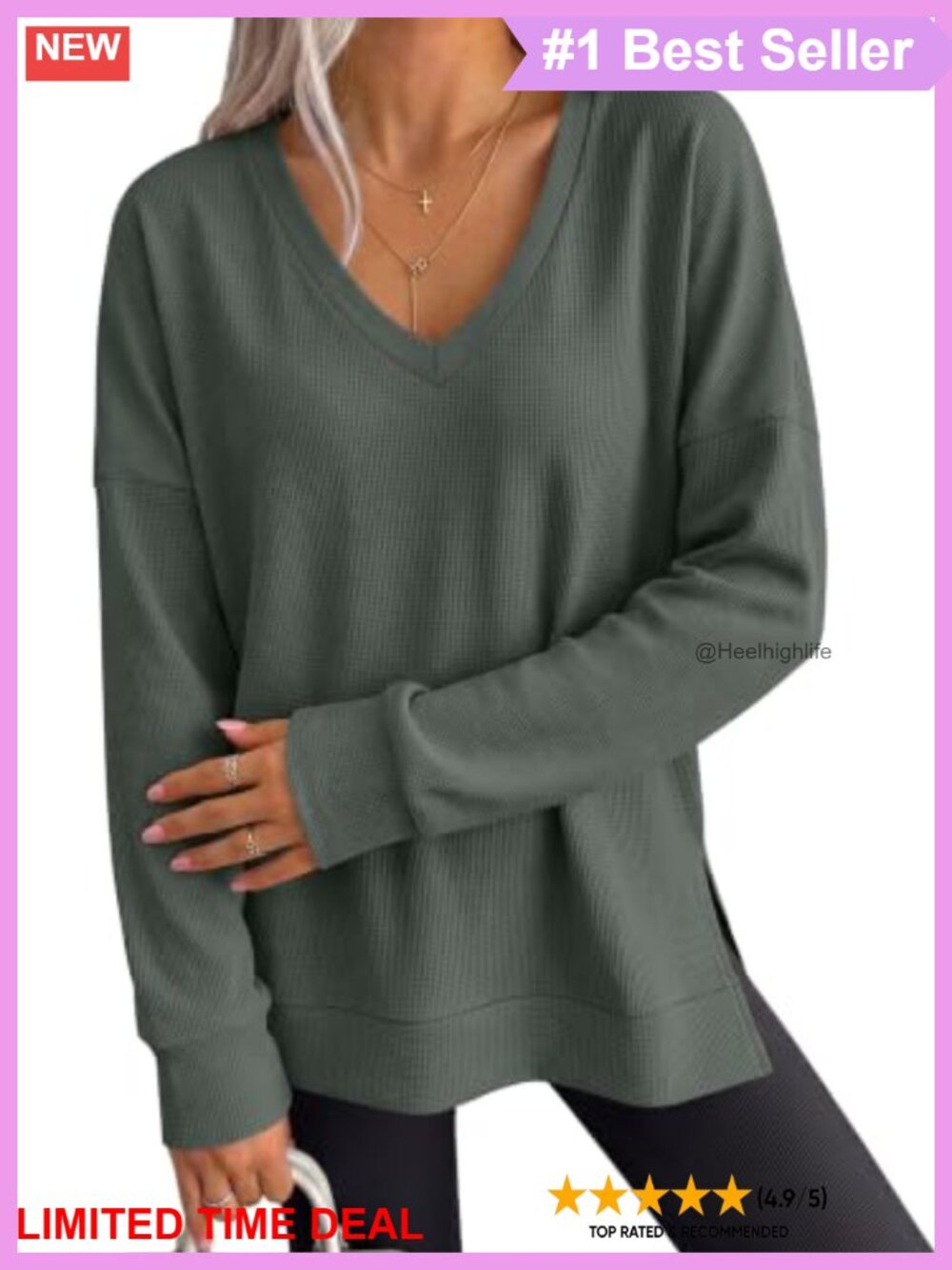 Waffle Knit Tunic Top Long Sleeve V-Neck Pullover Women's